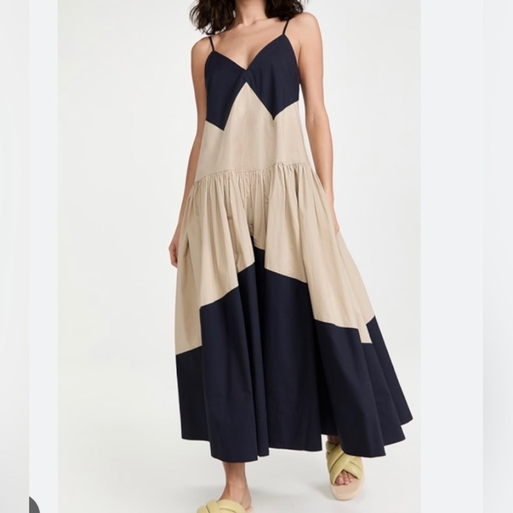Lee Mathews Elsie Bicolor Cotton Midi Cami Dress Navy Sand Size 1